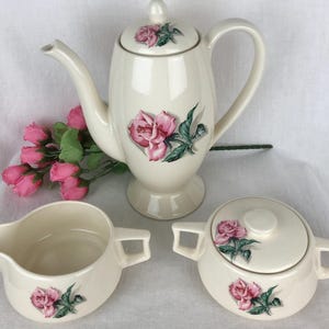Vintage Tea Set 3 Piece Tea Pot Creamer Sugar Bowl Ceramic 1960s Rose Pink Green Flower Pretty Tea Party
