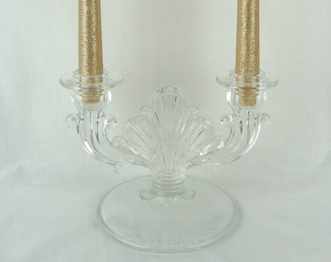 Vintage Glass Candelabra 60s Etched Glass Double Candle Holder Etsy