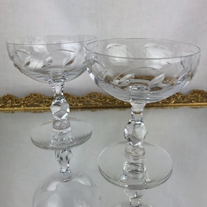 Vintage Crystal Coupe Glasses 60s Set of 2 Tiffin Franciscan Optic Cut Crystal Leaf Cocktail Champagne Toasting Glasses Glam Elegant