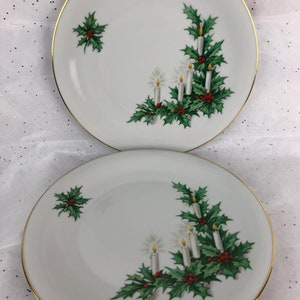 Vintage Christmas Plates 50s Tirschenreuth Bavaria Germany Pasco Noel Holly Candles Gilded Gold Trim Dinner Plates 10&quot; Elegant Holiday Table