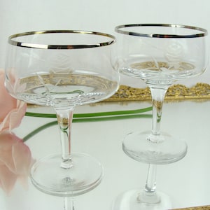 Vintage Rose Etched Coupe Glasses 60s Set of 2 Elegant Silver Rim Champagne Cocktail Glasses Romantic Mid Century Barware Drinkware