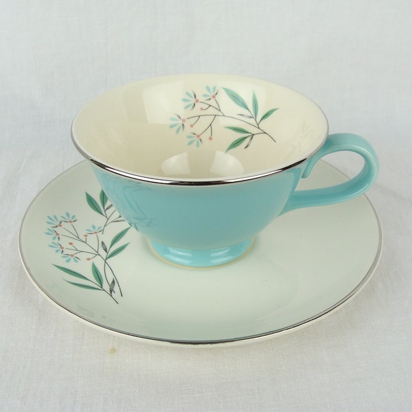 Vintage Petal Lane Tea Cup and Saucer 50s Taylor, Smith & Taylor Mid Century Coffee Mug Silver Rim Robins Egg Blue Spring Retro 60s