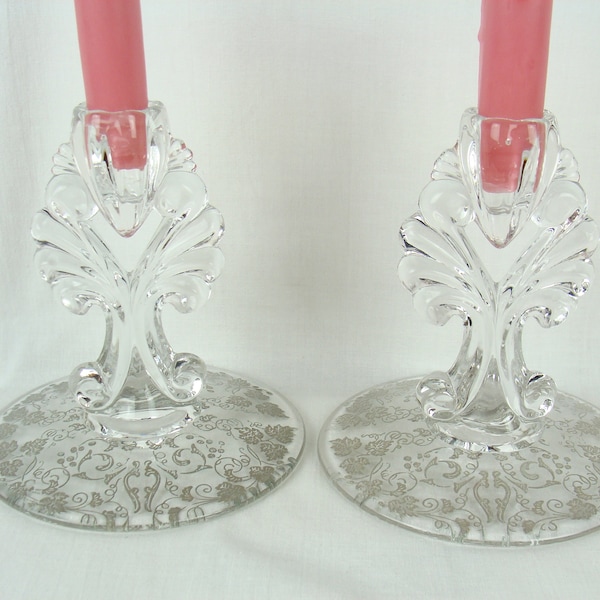 Vintage Glass Candle Holders Set of 2 Art Nouveau Style Etched Bases Pair of Candle Holders Art Deco Elegant Scroll Taper Candlestick Holder