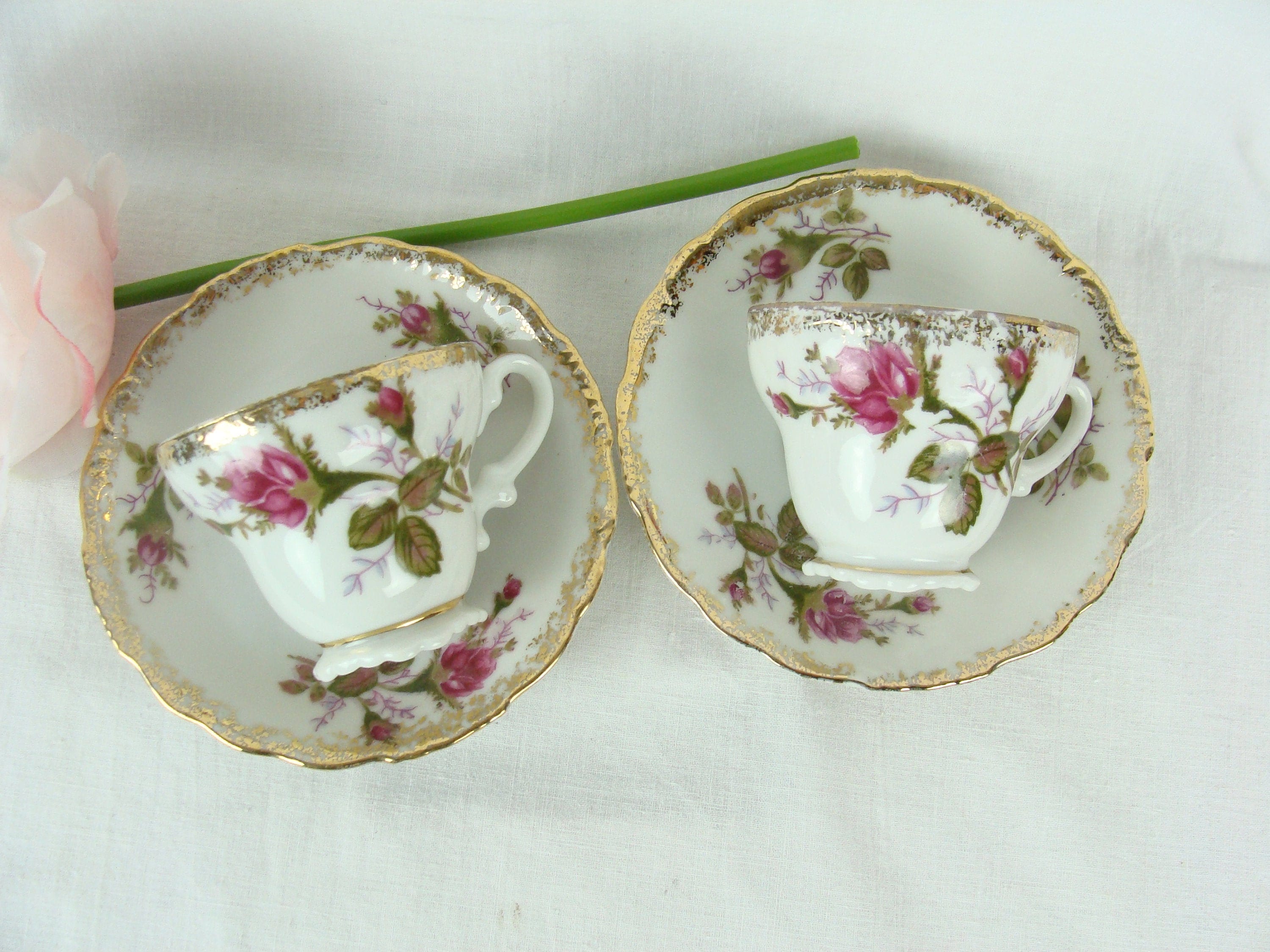 Vintage Espresso Cups Saucers 50s Floral Set of 2 Fine China Demitasse