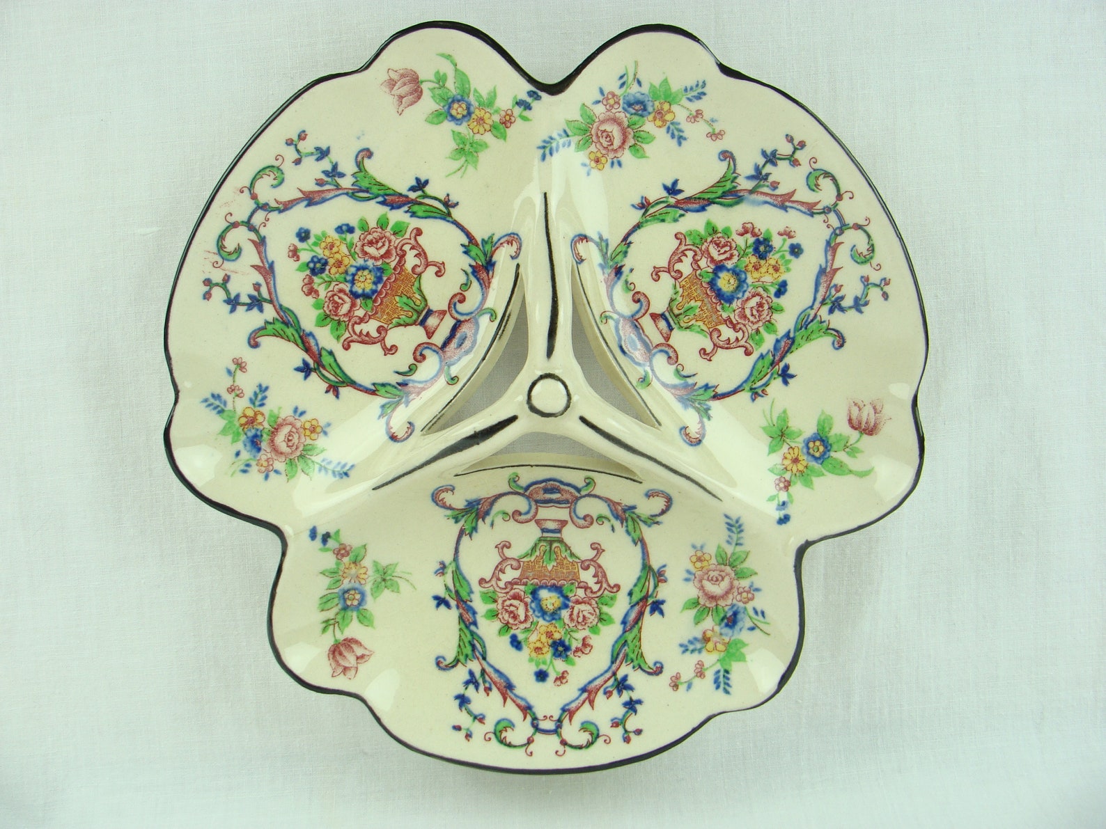 Vintage Divided Candy Dish 50s Ceramic Three Part Bon Bon Dish Floral