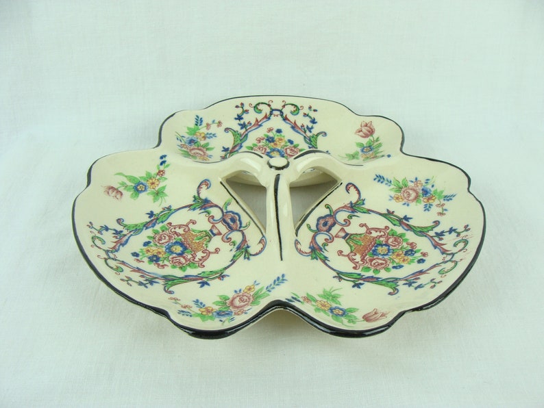 Vintage Divided Candy Dish 50s Ceramic Three Part Bon Bon Dish Floral