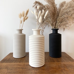 Ribbed Hand Painted Vase with Bunny Tails Matte Ceramic Effect Vase 21cm Tall Vase for Dried Flowers Pampas Neutral Boho Vase image 1