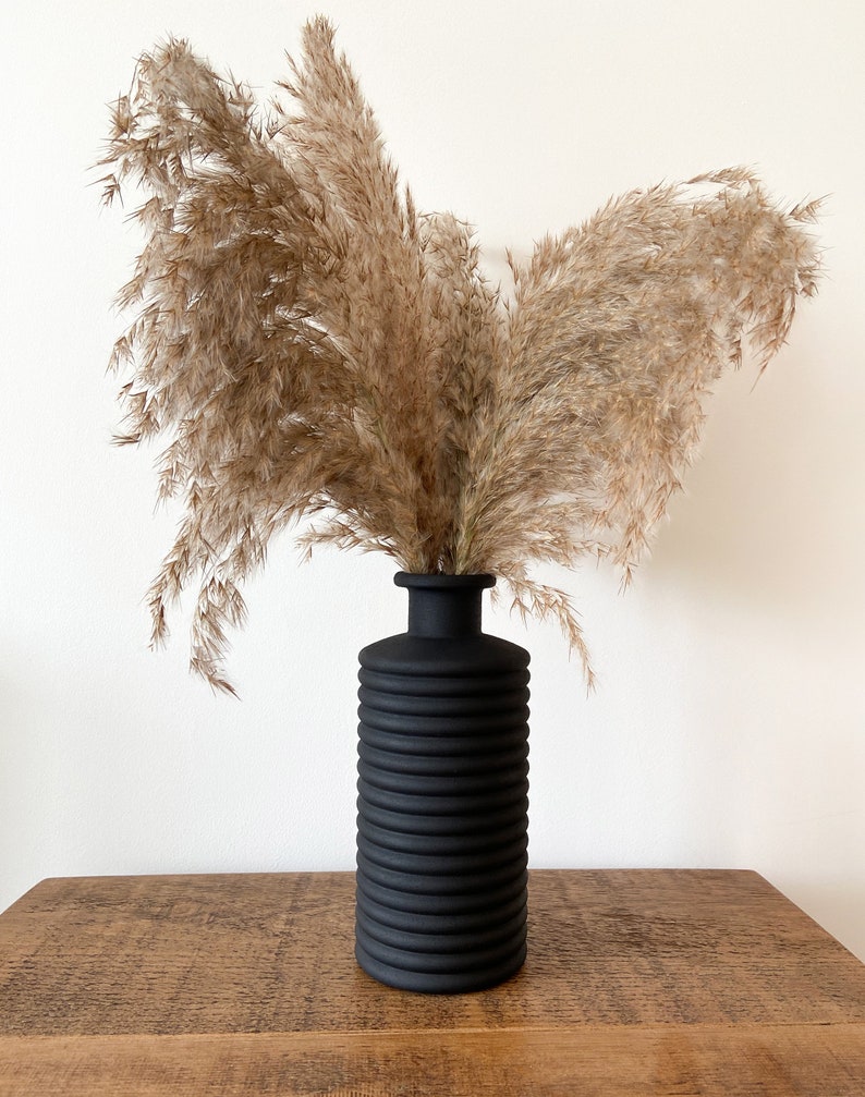 Ribbed Hand Painted Vase with Bunny Tails Matte Ceramic Effect Vase 21cm Tall Vase for Dried Flowers Pampas Neutral Boho Vase image 7