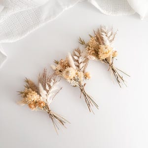 May include: Three small bouquets of dried flowers in shades of beige, cream, and tan. Each bouquet is tied with twine and features a variety of textures, including feathery grasses and delicate blooms. The background is a soft white.