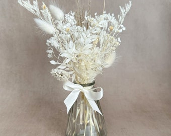 Mini White Dried Flower Arrangement in Vase | Small Dried Flower Bouquet | 25cm Tall | Ivory White Dried Flowers | Home Decor | Home Gift