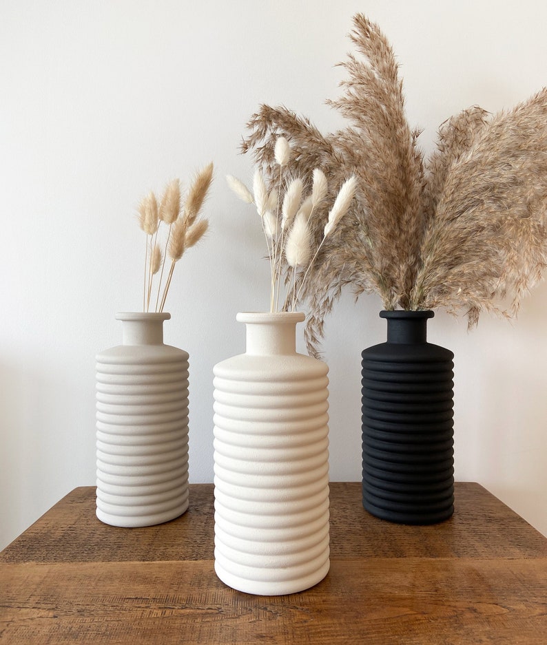Ribbed Hand Painted Vase with Bunny Tails Matte Ceramic Effect Vase 21cm Tall Vase for Dried Flowers Pampas Neutral Boho Vase image 1