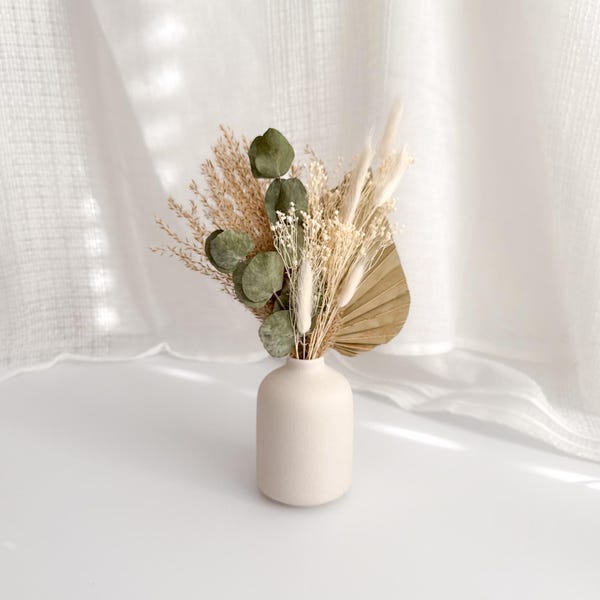 Small Dried Flower Arrangement in Beige Vase | 30cm Tall | Small Dried Flower Bouquet | Flower Gift | Mini Eucalyptus Flowers | Home
