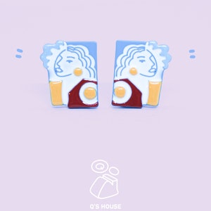 Kawaii Cute Japanese Hand Painted Abstractionist Figure Art Earrings  Contrast Geometric Vintage Stud Handmade Art Deco