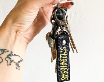 Safety keyring with Phone Number Tag keychain Personalized embroidered lost found car key gift for kid her him karabiner