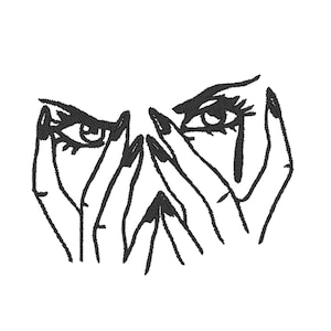 Può includere: Un disegno in bianco e nero di un viso con le mani che coprono gli occhi. Un occhio ha una singola lacrima che scende lungo la guancia.