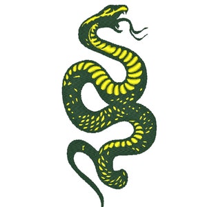 Może przedstawiać: Zielony wąż z żółtymi paskami zwinięty w pionie. Głowa węża jest uniesiona, a jego paszcza jest otwarta.