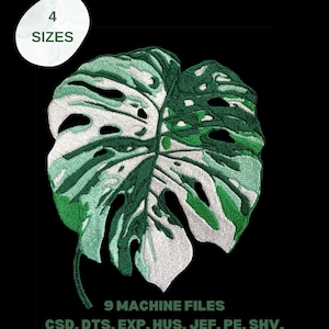 Puede incluir: Un diseño de hoja de monstera bordada en verde y blanco. El diseño está disponible en 4 tamaños y 9 formatos de archivo de bordado a máquina: CSD, DTS, EXP, HUS, JEF, PE, SHV, VIP y XXX.