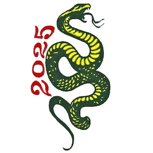 Może przedstawiać: Zielony wąż z żółtymi paskami zwinięty w ósemkę z rokiem 2025 w czerwonym tekście po lewej.