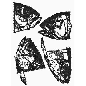 Puede incluir: Dibujo en blanco y negro de cuatro cabezas de pescado. Los peces tienen ojos grandes y la boca abierta.