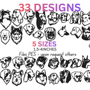 Könnte beinhalten: Schwarz-Weiß-Illustrationen von 33 verschiedenen Hunderassen. Der Text "33 DESIGNS" und "5 SIZES 3,8-10,2 cm" ist ebenfalls enthalten. Das Bild zeigt Hunde-Designs.