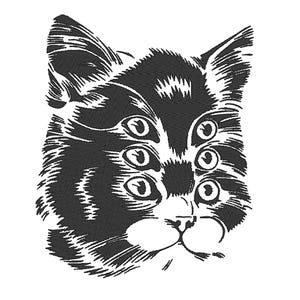 May include: Black and white illustration of a cat with multiple eyes. The cat's face is drawn in a stylised manner, with a focus on the eyes.