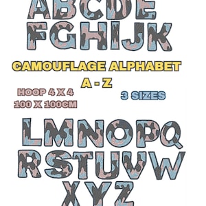 Letras iniciales del alfabeto de camuflaje, diseño de bordado a máquina en mayúsculas de 3 tamaños, archivo digital 4x4, dst exp hus jef pcs pes shv vip xxx csd sew