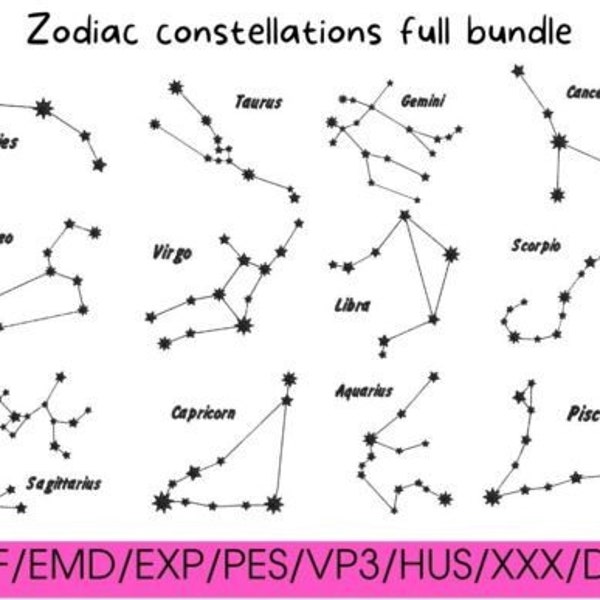 Set 12 Zodiac constellations 3 SIZES  signs machine embroidery digital designs pack dst emd exp hus jef pes vp3 xxx bundle horoscope