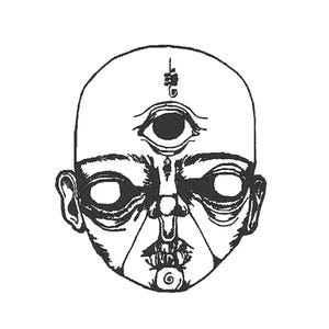 Può includere: Disegno in bianco e nero di un viso con un terzo occhio al centro della fronte. Il viso ha la fronte corrugata e una bocca leggermente aperta con i denti visibili.