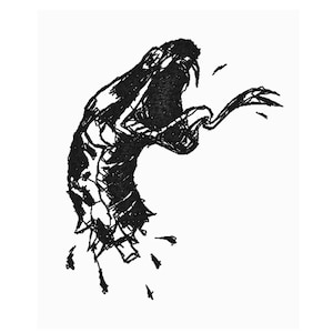 Puede incluir: Dibujo en blanco y negro de una serpiente con la boca abierta, mostrando los colmillos, y la cola enroscada. La serpiente está dibujada de forma estilizada, casi de dibujos animados.