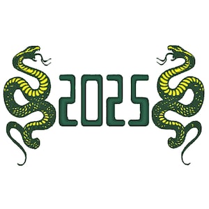 Może przedstawiać: Zielony i żółty wzór węża po obu stronach liczby 2025.