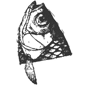 Puede incluir: Un dibujo en blanco y negro de una cabeza de pez con la boca abierta y un ojo visible.