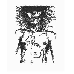 May include: A black and white line drawing of a person's face and shoulders. The drawing is done in a scribbled style, with many lines overlapping.