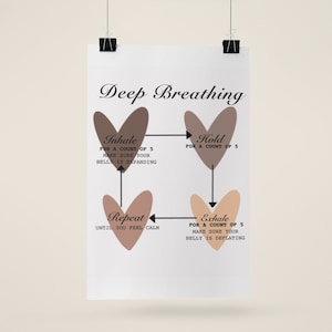 May include: A printable chart with instructions for deep breathing exercises. The chart features four hearts with text that reads "Inhale for a count of 5, Make sure your belly is expanding", "Hold for a count of 5", "Repeat until you feel calm", and "Exhale for a count of 5, Make sure your belly is deflating".
