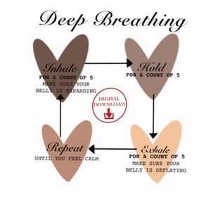 May include: A printable chart with four brown hearts, each with a different step for deep breathing. The steps are inhale for a count of 5, hold for a count of 5, exhale for a count of 5, and repeat until you feel calm. The chart also includes the text "Digital Download".