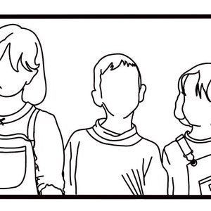Pode incluir: Desenho de linha preto e branco de três crianças. As crianças estão de pé lado a lado e olhando para cima. A criança à esquerda está vestindo um vestido com um babador. A criança do meio está vestindo uma camisa de manga comprida. A criança à direita está vestindo um vestido com alças.