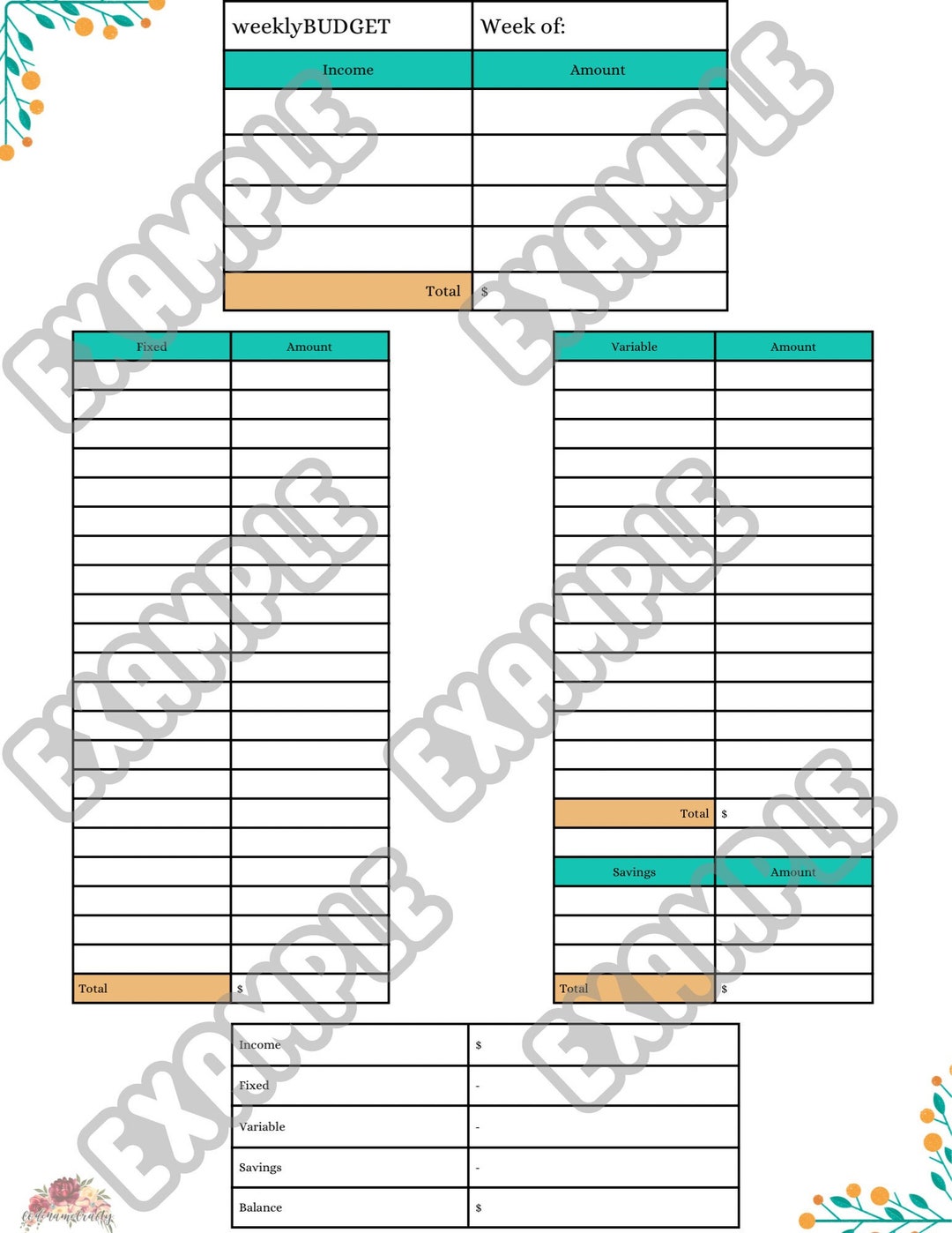 Weekly Income Worksheet Weekly Budget Worksheet - Digital Download - Etsy