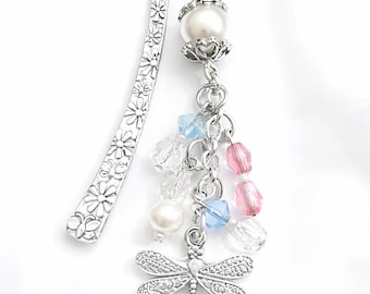 Dragonfly Bookmark: Hand-Beaded Metal Hook with Pearls & Crystals