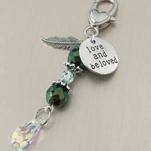 Beaded Bag Charm: Feather, Crystal, and Green Bead Accent