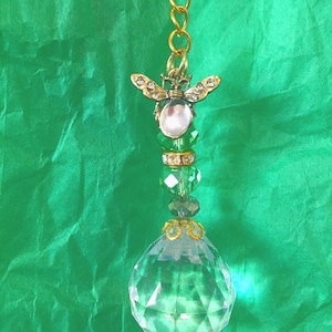 Rearview Mirror Car Charm: Faceted Crystal, Green Beads, Gold Accents