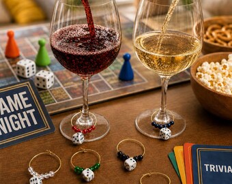 Dice Wine Glass Charms – Game Night Drink Markers, Casino Party Tags, Set of 6