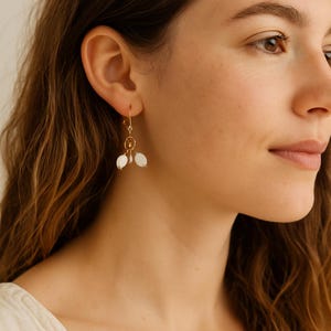 Boho White & Gold Dangle Earrings – Pearl Shell Drop Jewelry – Handmade Minimalist Gift for Her – Lightweight Statement Earrings