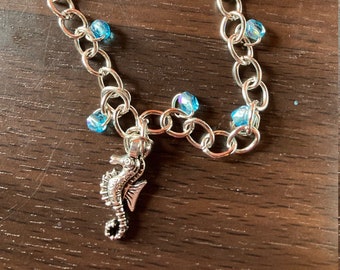 Handmade Seahorse Ocean Charm Bracelet with Iridescent Glass Aqua Beads and Toggle Closure