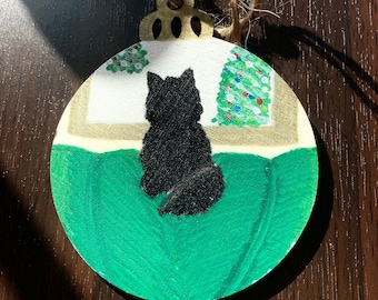 Hand Painted Wooden Ornament with Black Cat Looking Out Window at Christmas Tree