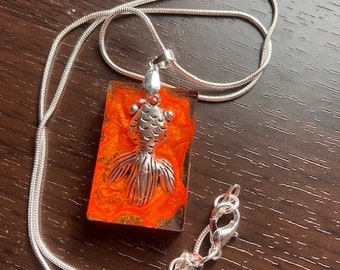 Sterling Silver Neon Orange Goldfish Pendant on 18 Inch Sterling Silver Rope Chain