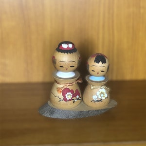Vintage Miniature Wooden Kokeshi Doll Collectible Figure in Floral Kimono Mother and Child