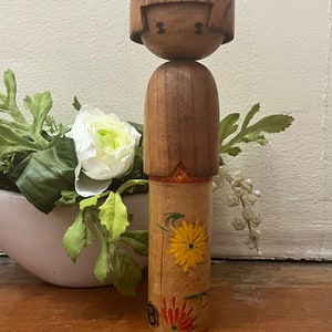 Vintage Modern Creative Wooden Kokeshi Doll 140g 24cm Signed with Bow
