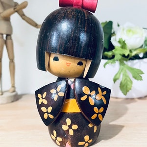 Vintage Cute Girl with Ribbon Creative Wooden Kokeshi Doll by Master