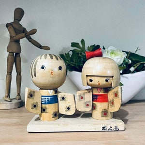 Vintage Pair of Kids in Kimono Modern Creative Wooden Kokeshi Doll