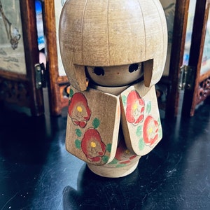 Modern Creative Wooden Kokeshi Doll with floral kimono and bow