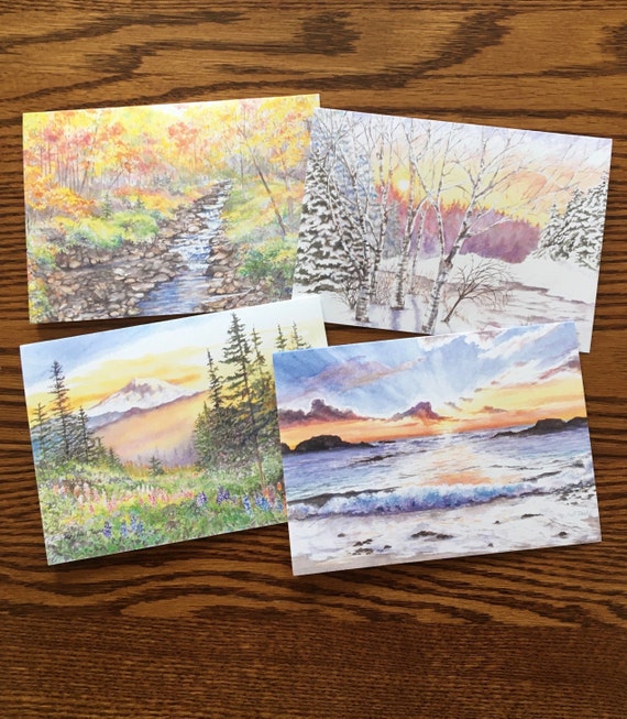 Original Watercolor Card Set With Envelopes, Four Seasons Nature